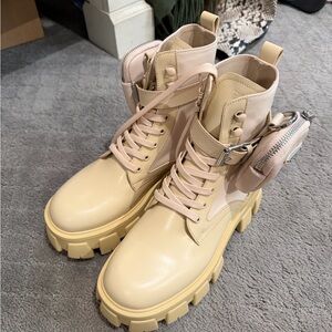 Cream Chunky Lace-Up Boots
